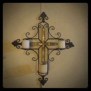 Cast iron and stone cross, candle holder